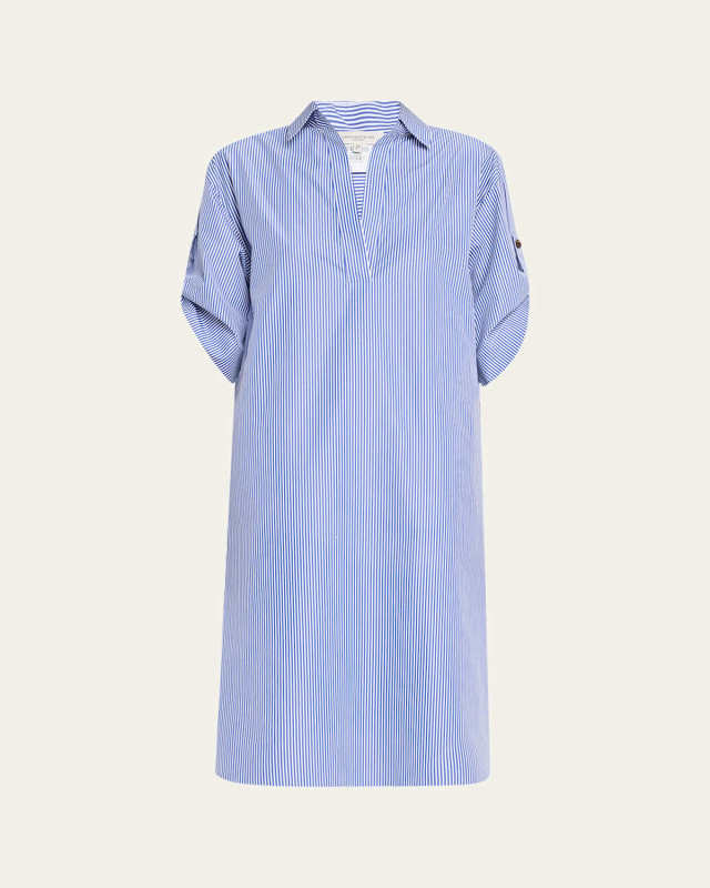 Striped Rolled-Sleeve Linen Midi Shirtdress